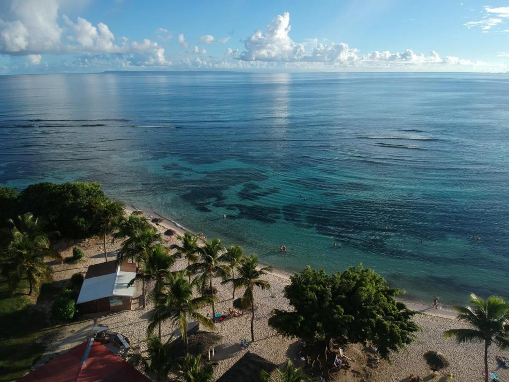 an aerial view of a beach with palm trees and the ocean at Guadeloupe- Saint-François- Résidence Anse des Rochers - Appartement quart de villa étage - vue mer- 4 personnes - Lit bébé sur demande - Citerne et wifi privés -Animaux ok-Accès plage direct -Apnée bien-être expérience sur demande avec instructeur AIDA - in Saint-François