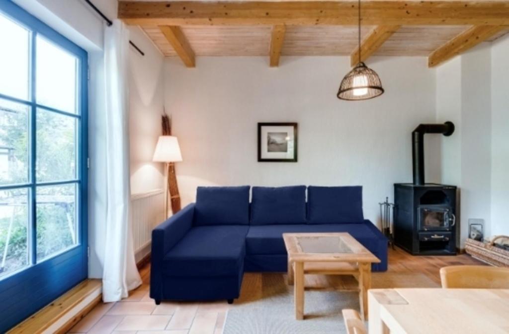 a living room with a blue couch and a wood stove at 4-Raum Apartment bis 8 Pers 41 in Rankwitz