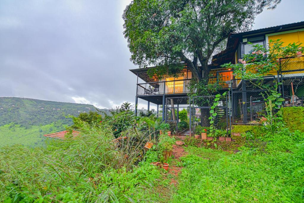 a house with a tree on the side of a hill at SaffronStays Verandah by the Valley, Panchgani - luxury villa and treehouse with beautiful valley and lake views in Panchgani