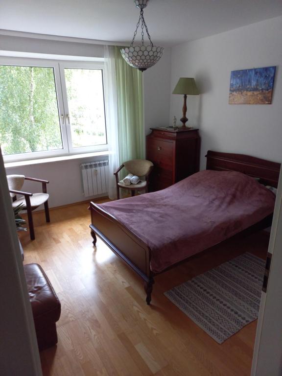 - une chambre avec un lit, une chaise et deux fenêtres dans l'établissement miły pokój niedaleko centrum i starego miasta, à Varsovie