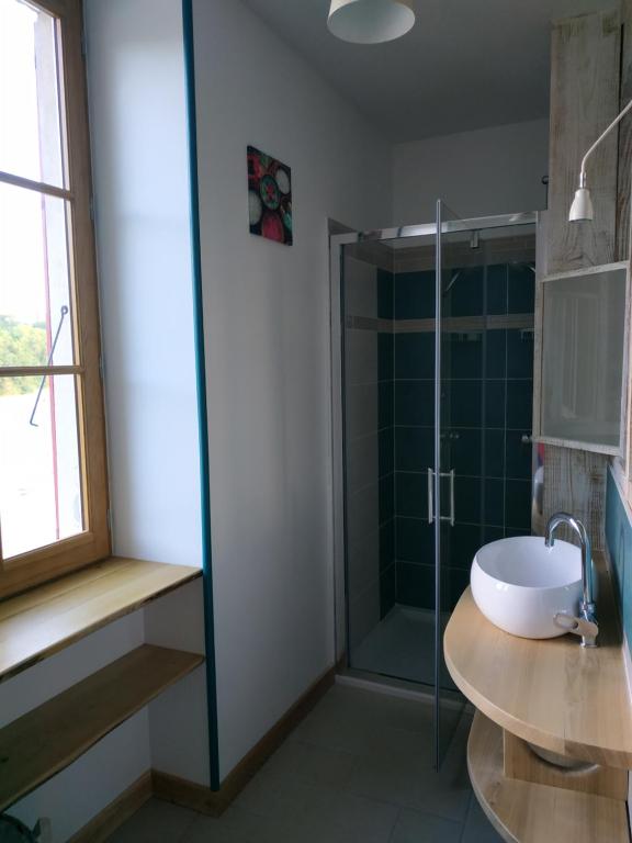 a bathroom with a sink and a glass shower at -Moulin de Solaure- in Pont-de-Quart
