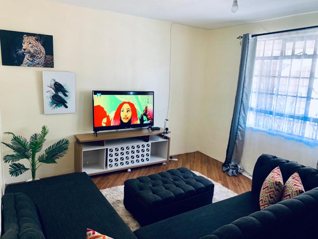 a living room with a couch and a flat screen tv at CEECEE’S HAVEN in Paulo