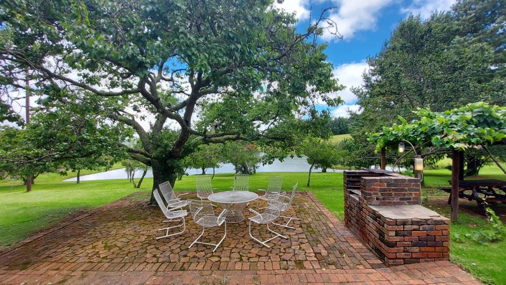 a patio with a table and chairs under a tree at Apple Blossom Cottage in Dullstroom