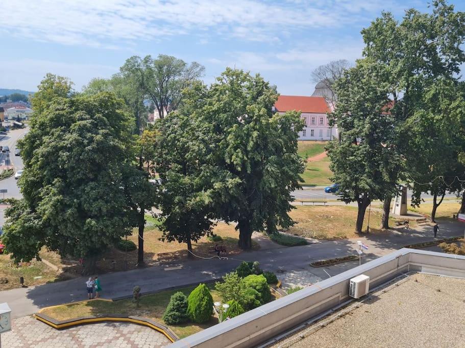 Blick auf einen Park mit Bäumen und ein Gebäude in der Unterkunft Apartmani MODUS - self service check-in in Virovitica