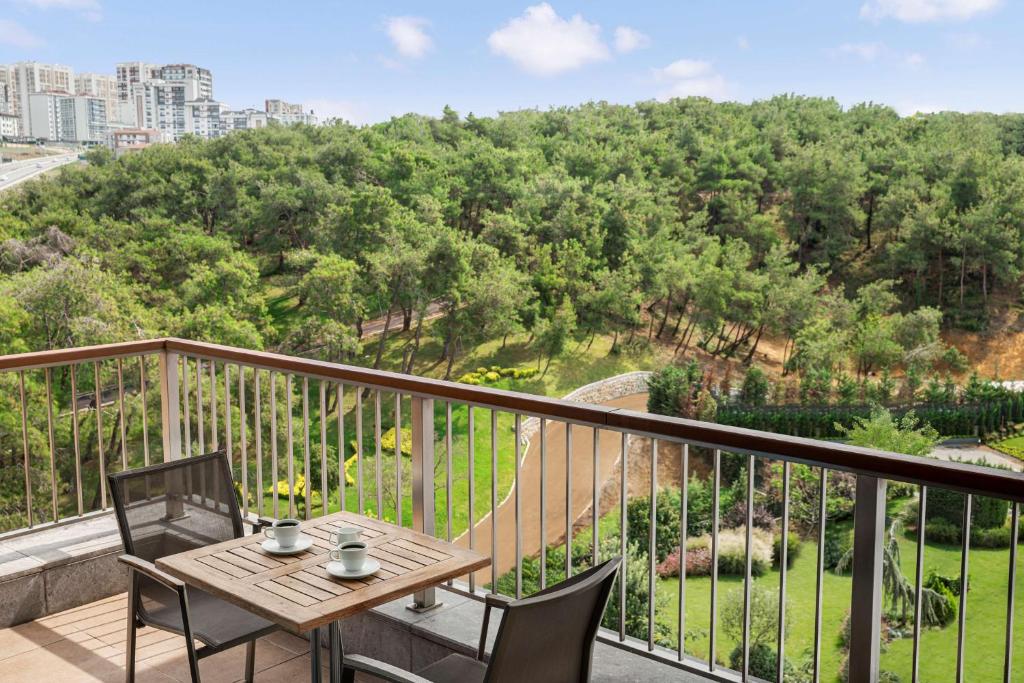 a balcony with a wooden table and chairs at Radisson Blu Hotel & Spa, Istanbul Tuzla in Istanbul