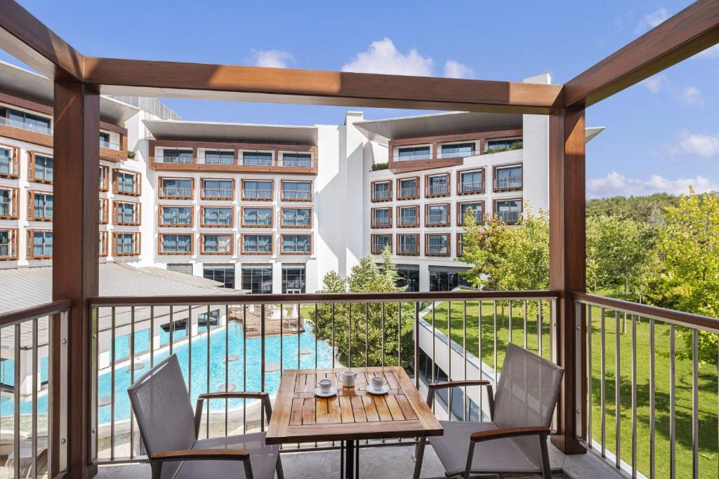 a balcony with a table and chairs and a pool at Radisson Blu Hotel & Spa, Istanbul Tuzla in Istanbul