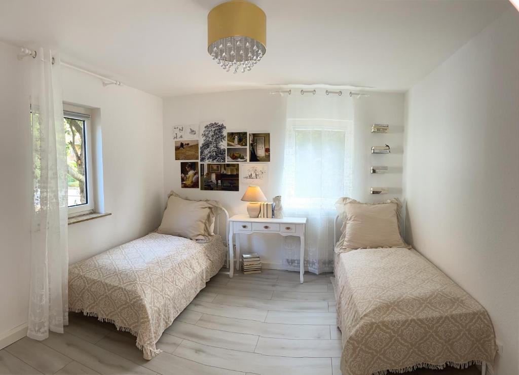 sypialnia z 2 łóżkami, biurkiem i oknem w obiekcie Apartment Bonbon - stilvoll renoviert - Ihr zu Hause auf Zeit w mieście Kassel