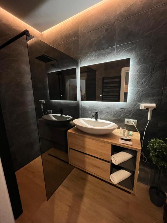 een badkamer met 2 wastafels en een grote spiegel bij Unique Apartment Katowice City Center in Katowice