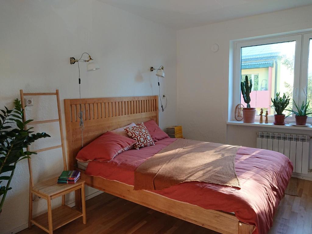 珀爾瓦的住宿－Õdus korter roheluses - A cozy apartment in a greenery - contactless check-in，一间卧室配有一张带红色床单的床和一扇窗户。