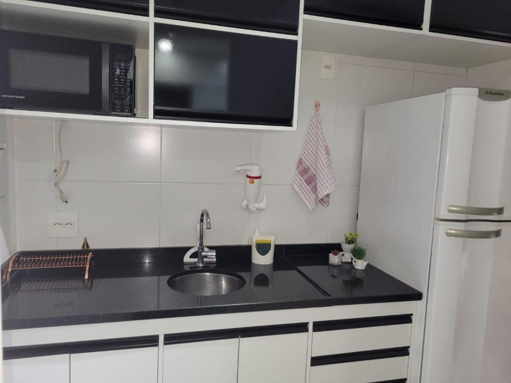 cocina con fregadero y microondas en Lindo loft apartamento studio em Santana, perto do Expo Center Norte, Anhembi, Sambodromo, Campo de Marte, Zona Norte, en São Paulo