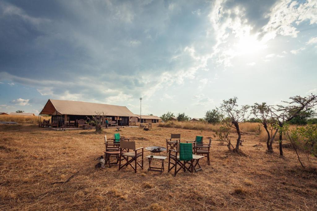 a group of chairs and a table in a field at Gnu Mara River Camp in Serengeti