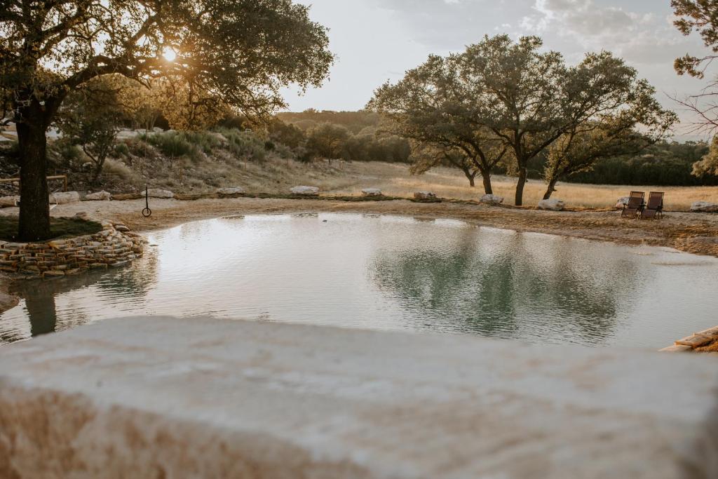 a pond of water with trees in the background at Nest - Texas Tiny House with a Big View in Spring Branch