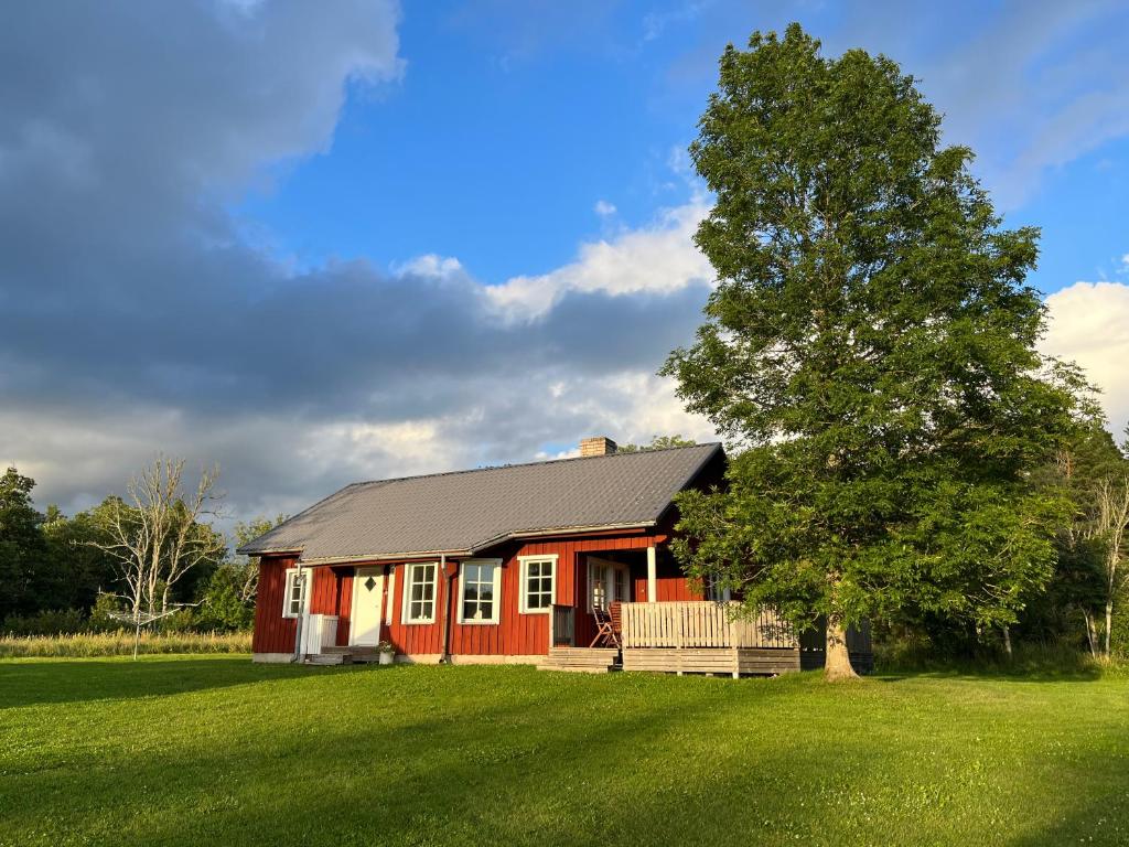 une maison rouge avec un arbre devant elle dans l'établissement Nya Matsas, à Noarootsi