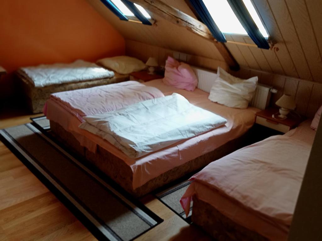 Übernachtungszimmer 2 في Schlettau: غرفة بسريرين في غرفة بها نوافذ