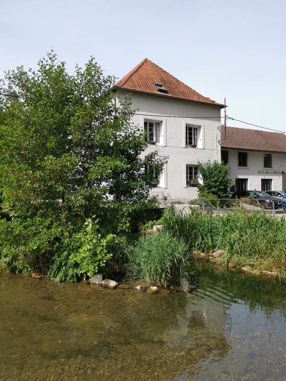 une maison avec un arbre à côté d'une masse d'eau dans l'établissement Le Moulin d'Audenfort, à Clerques