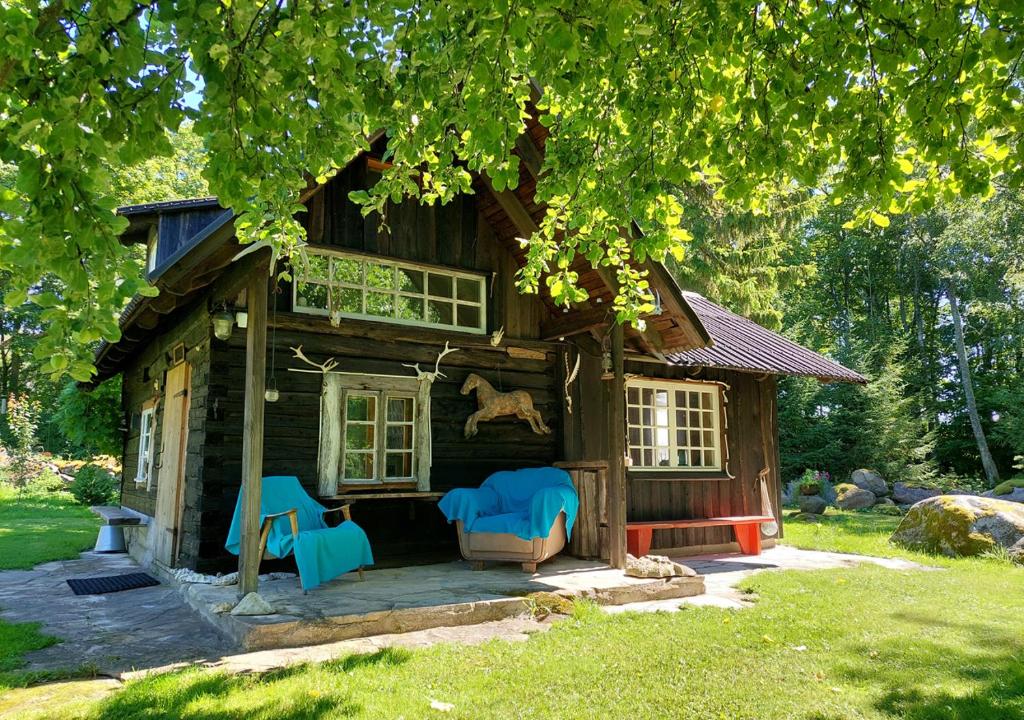 una pequeña cabaña de madera con sillas azules frente a ella en Puise saunahouse and outdoor kitchen at Matsalu Nature Park, en Puise