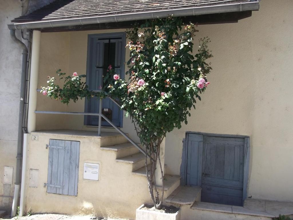 a tree with flowers on the side of a house at Chaleureuse petite maison avec jardin in Gagnac-sur-Cère