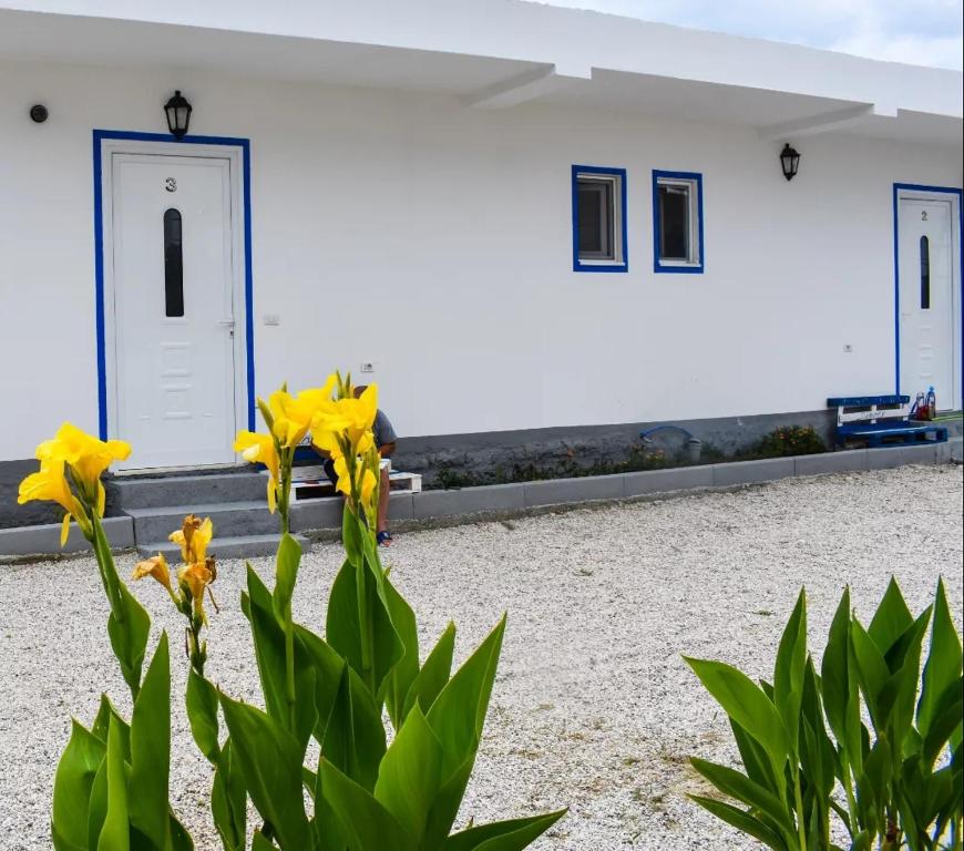 a white building with yellow flowers in front of it at Troi beach house in Vlorë