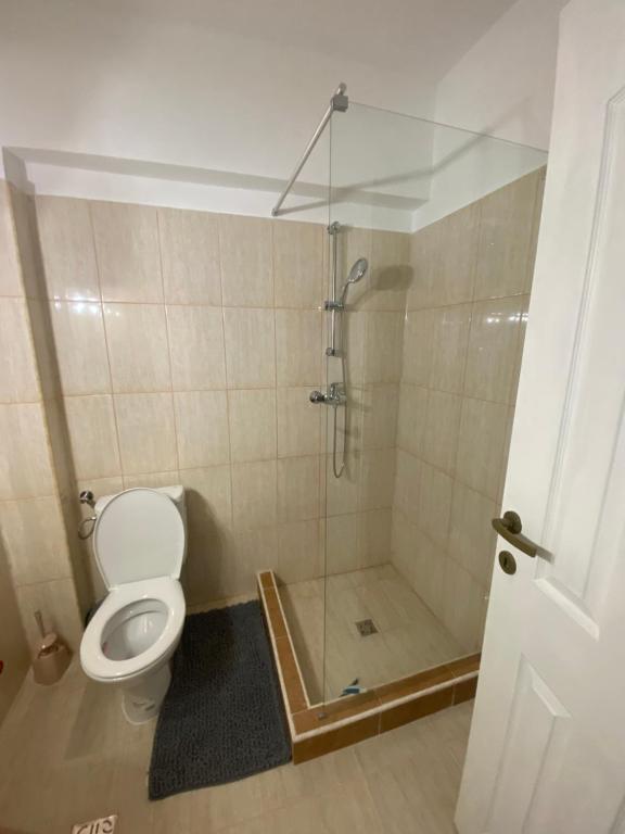 La salle de bains est pourvue d'une douche, de toilettes et d'une porte en verre. dans l'établissement Pensiunea Vila Geany SRL, à Băile Herculane