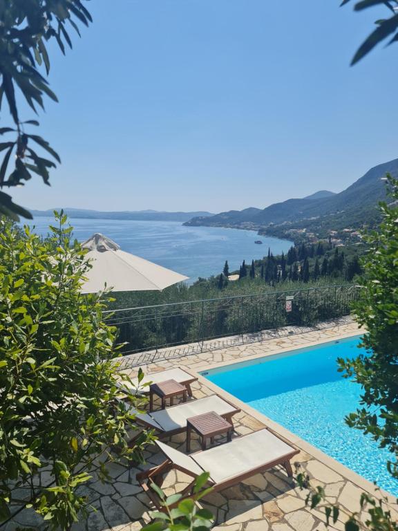 einen Pool mit Blick auf das Wasser in der Unterkunft Gran Domenica Villa Corfu, Private Pool, Sea View, Garden in Nisaki