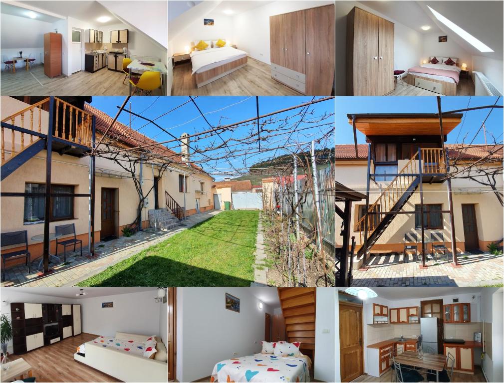 un collage de fotos de una casa en Lavender Apartments en Sînpetru