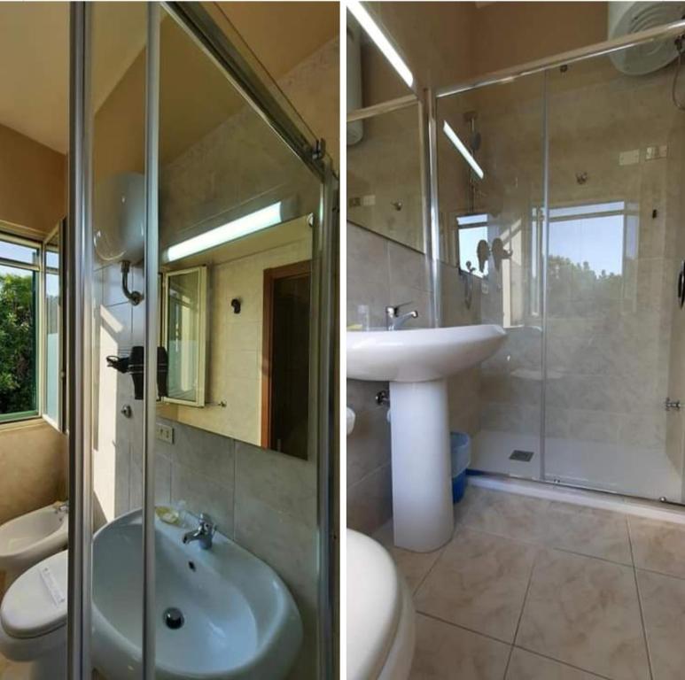 2 fotos de un baño con lavabo y ducha en Hotel Sirio, en Reggio Calabria