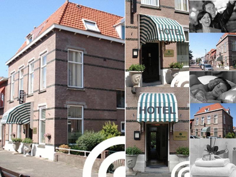 un collage de fotos de un edificio con una señal en Hotel Kuiperduin, en Hoek van Holland