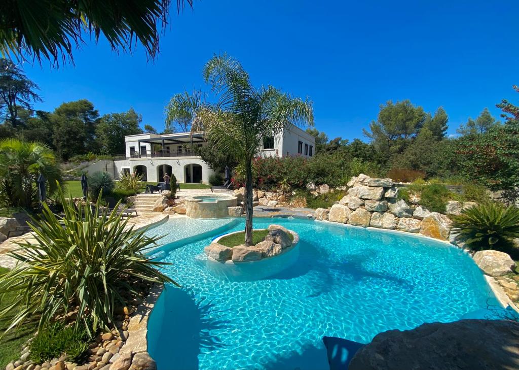 een zwembad met een palmboom in het midden bij Villa des Cabres in Lunel