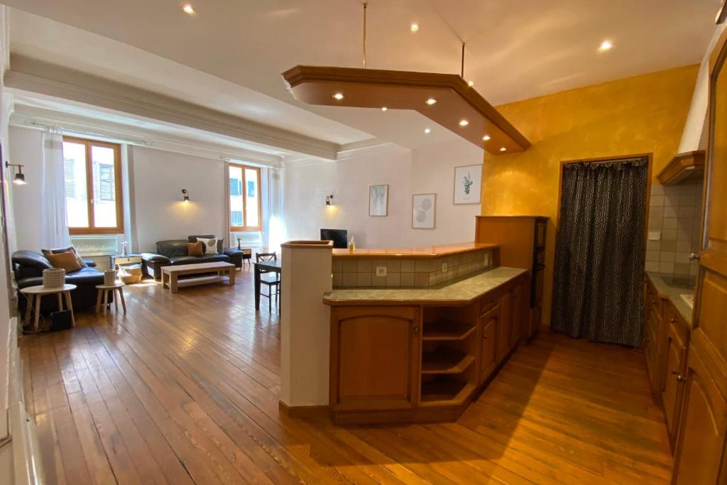 a large living room with a kitchen and a living room at LEtage - Large T3 in the heart of the Old Town of Annecy in Annecy