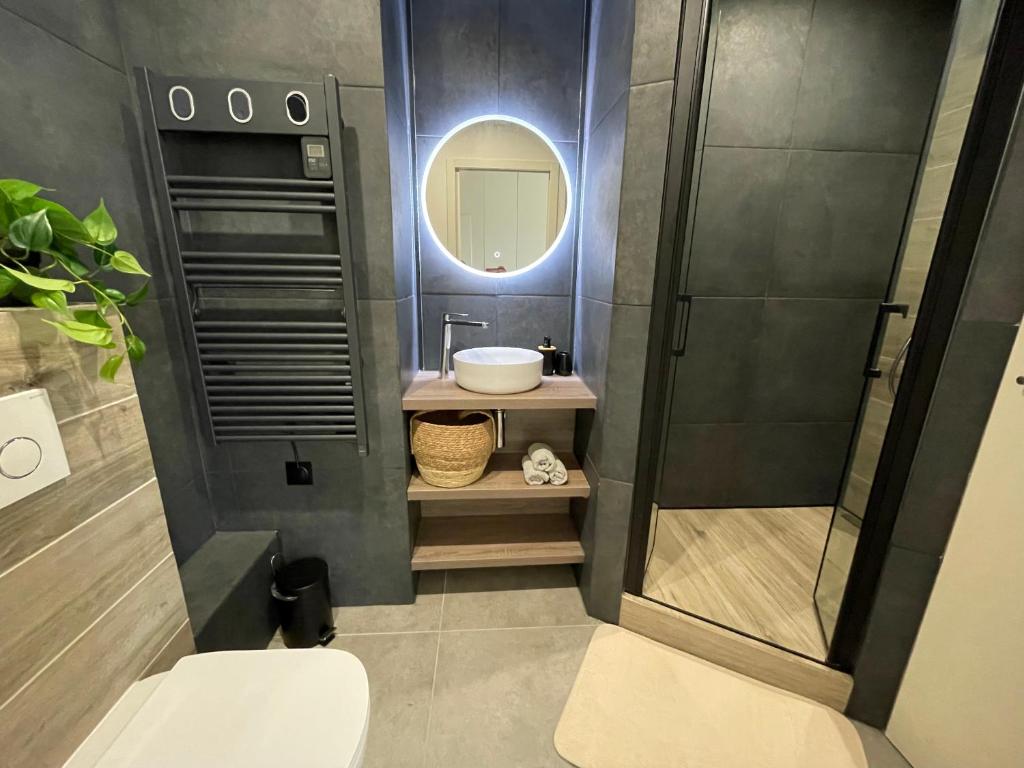 Charmant logement aux portes de Paris - STADE DE FRANCE - 12 min à pied في سان دوني: حمام مع مرحاض ومغسلة ومرآة
