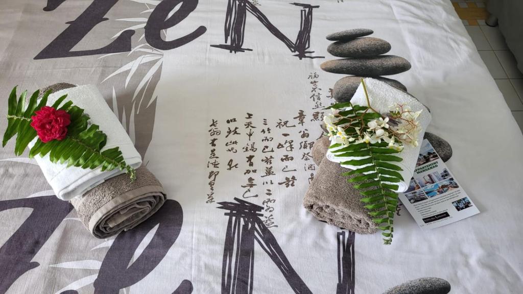 a blanket with writing on it with rocks and plants at LE PLAISIR DU Manganao in Saint-François