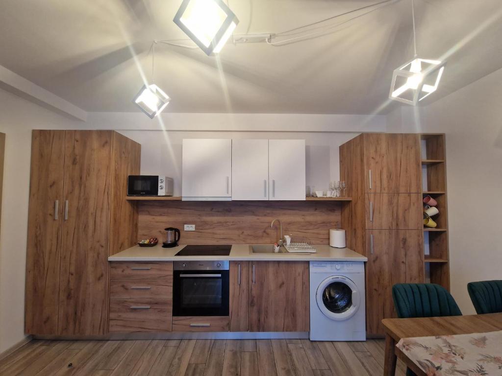cocina con armarios de madera, lavadora y secadora en Blooming Apartment, Baile Felix, en Băile Felix