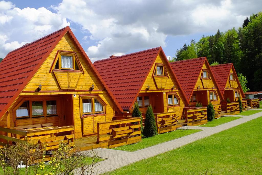 szereg drewnianych domów z czerwonymi dachami w obiekcie Ośrodek Wypoczynkowy Beskid w Międzybrodziu Bialskim