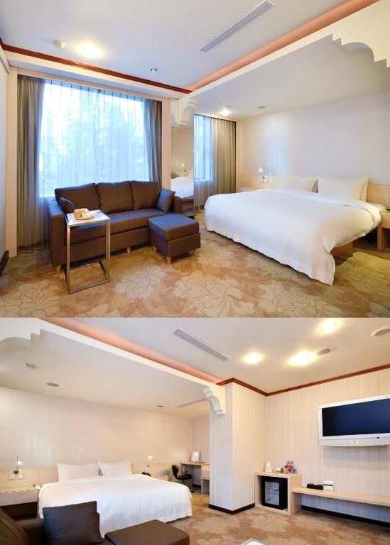 two pictures of a hotel room with two beds at Yomi Hotel - ShuangLian MRT in Taipei