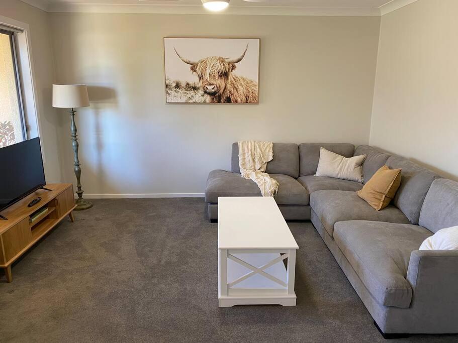 una sala de estar con sofá y una vaca en la pared en Family Favourite, Spacious 2 Bedroom Unit, en Young