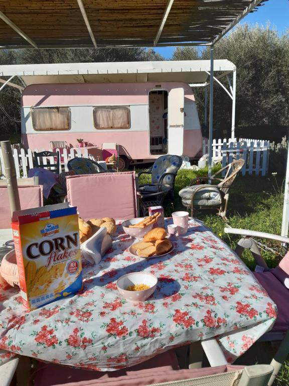 a picnic table with a box of corn flakes and food on it at Mary 's Retro Caravan in Eratini