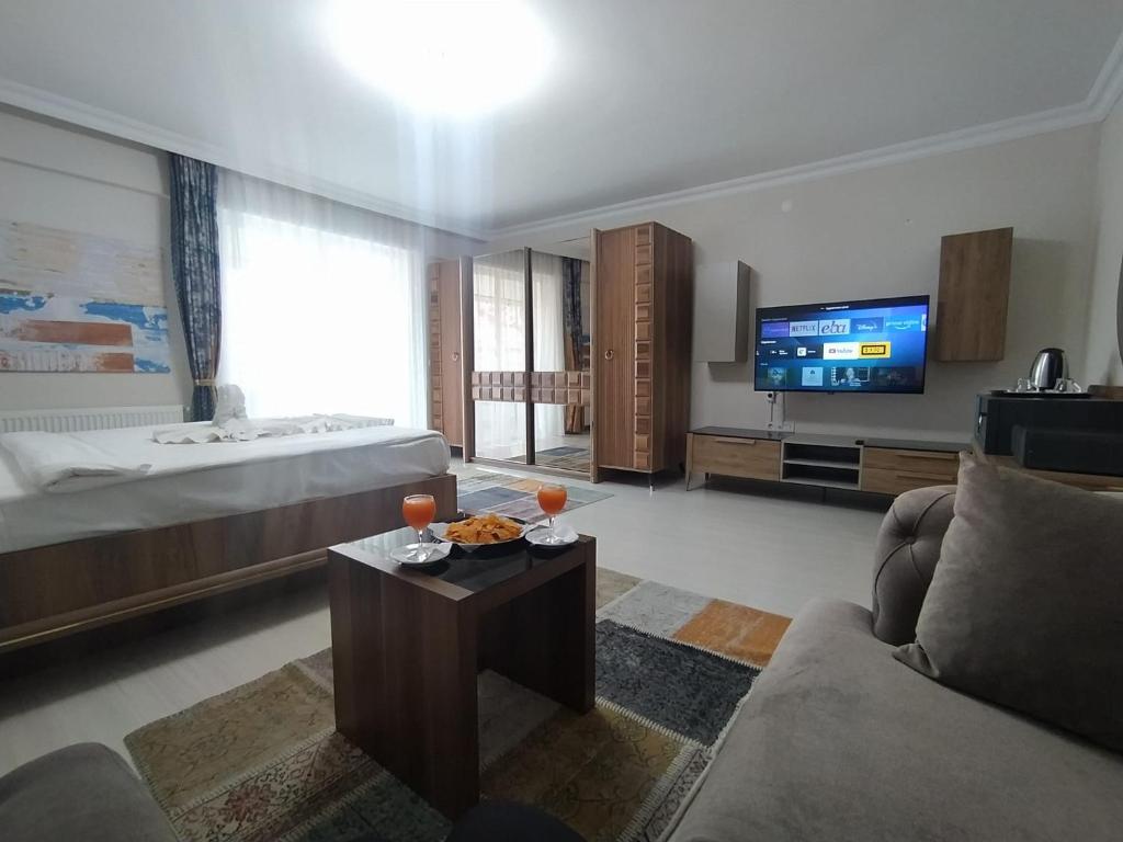 uma sala de estar com um sofá, uma cama e uma televisão em Bolu Deluxe Otel em Bolu