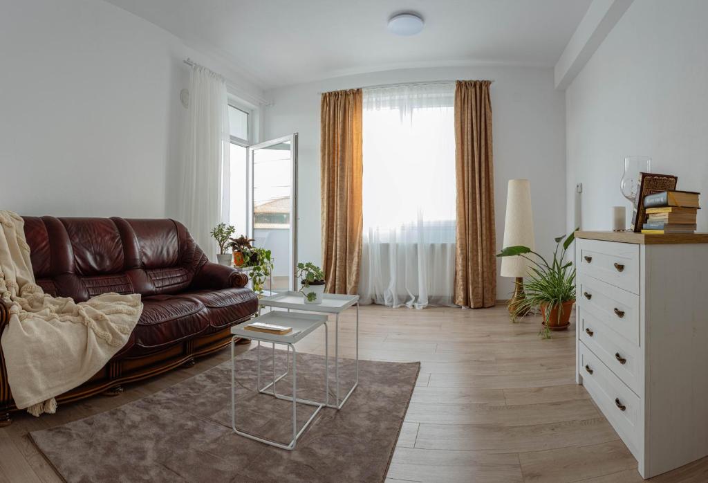 a living room with a leather couch and a table at Solomon Apartments Ap 4 in Sângeorgiu de Mureș