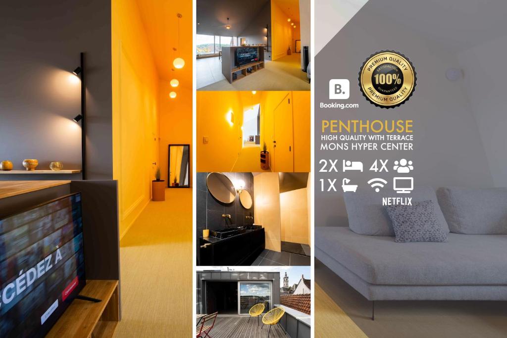 un collage de photos d'un salon avec une télévision dans l'établissement Luxury Penthouse & Terrace - Mons City Center, à Mons