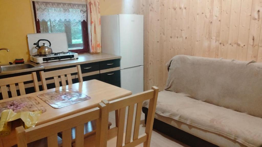 a kitchen with a refrigerator and a table and a chair at Oleandria-,, Domek Jagódka "nr 28 in Biskupiec