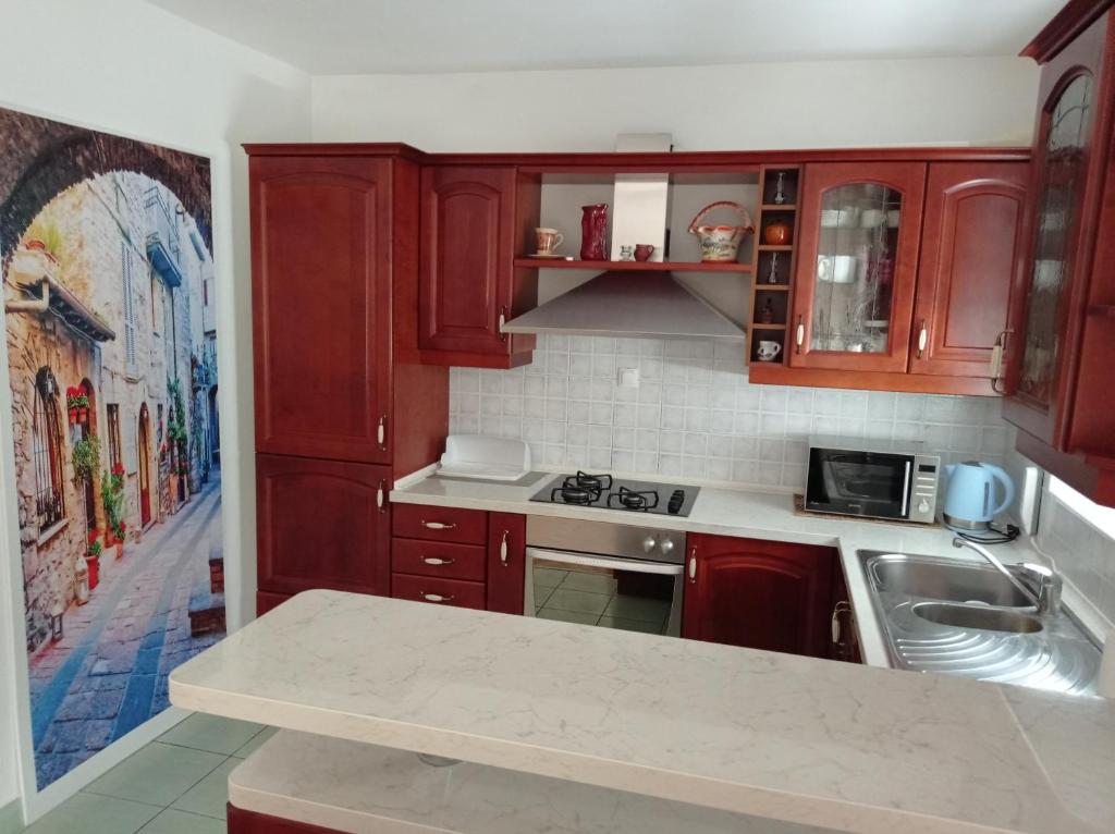 uma cozinha com armários vermelhos e um lavatório em Apartman 4 em Rijeka