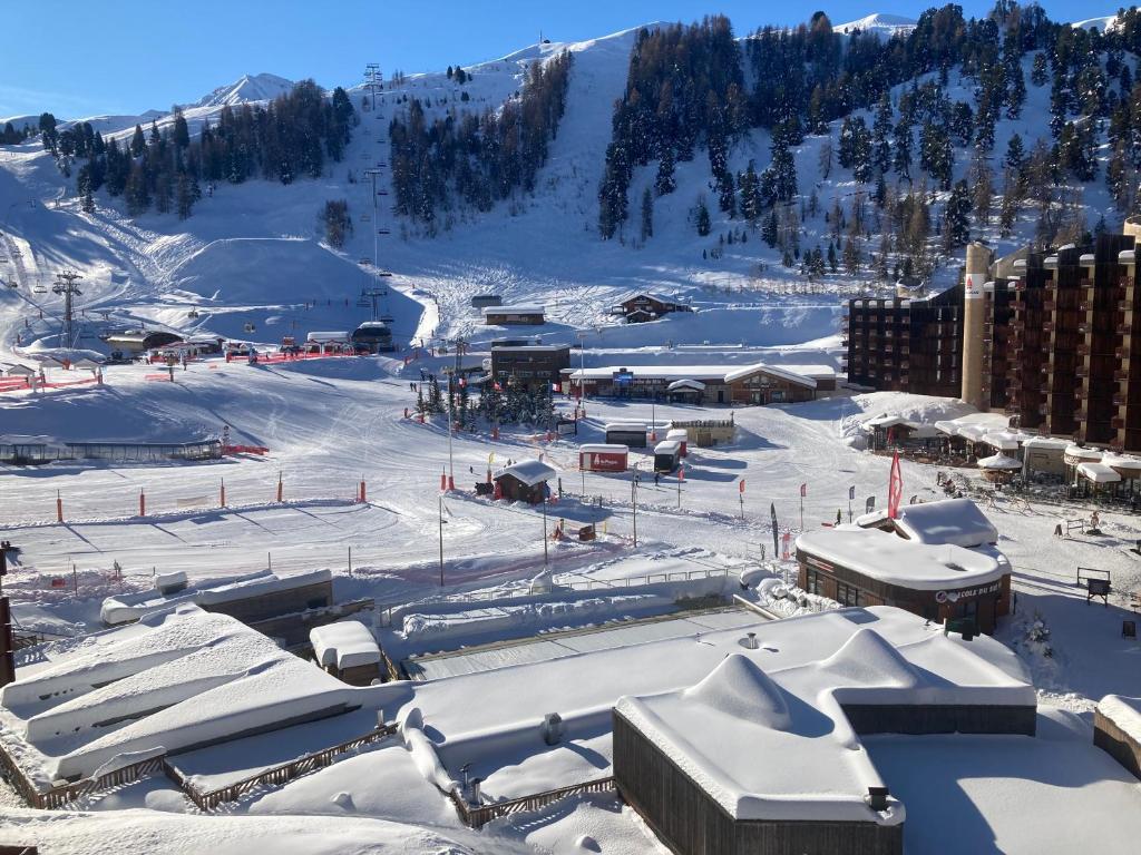 une ville enneigée avec des bâtiments et une montagne dans l'établissement PLAGNE BELLECOTE - 5 Pers - Vue Pistes - Acces Piscine chauffee, à Plagne Bellecôte