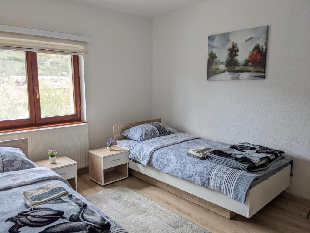 um quarto com duas camas e uma foto na parede em Apartmani Drinska em Foca
