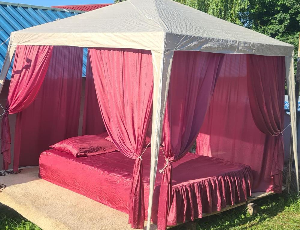 ein Zelt mit Baldachin und zwei Betten im Gras in der Unterkunft Vila Medo in Nova Varoš