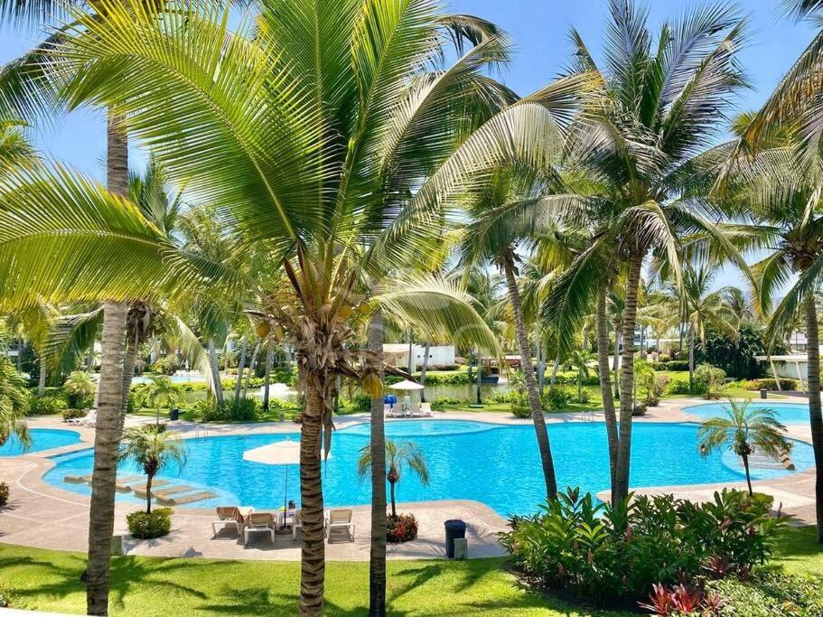 uma piscina com palmeiras em frente a um resort em Lujoso Departamento en Acapulco con Alberca y club de Playa em Acapulco