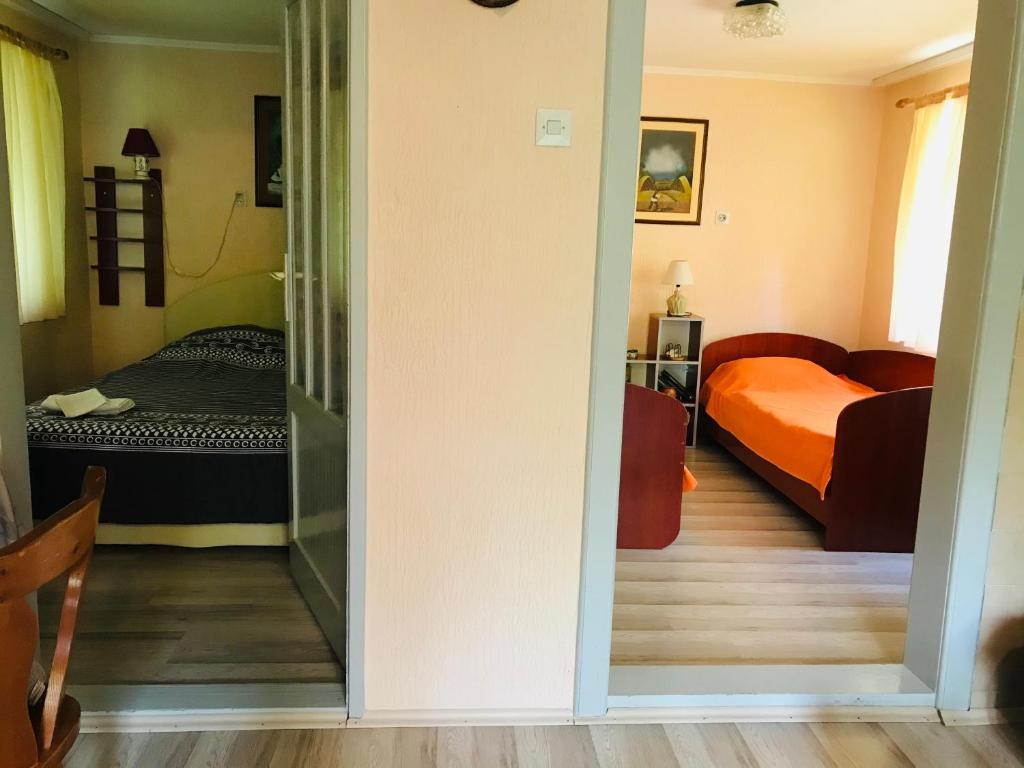 a room with a bedroom with two beds and a mirror at Holiday Home 108 in Bezdan