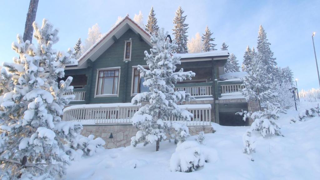 a house with snow covered trees in front of it at Tahkonhovi Golden Chalet in Tahkovuori