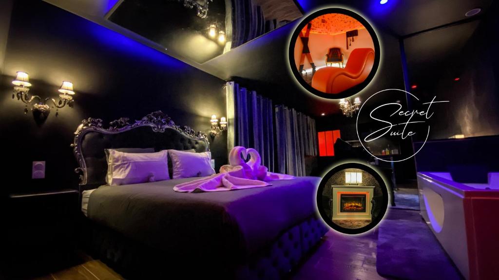 Dormitorio con cama con visor púrpura en NOUVEAU - LUXURE - Secret Suite - JACUZZI en Melun