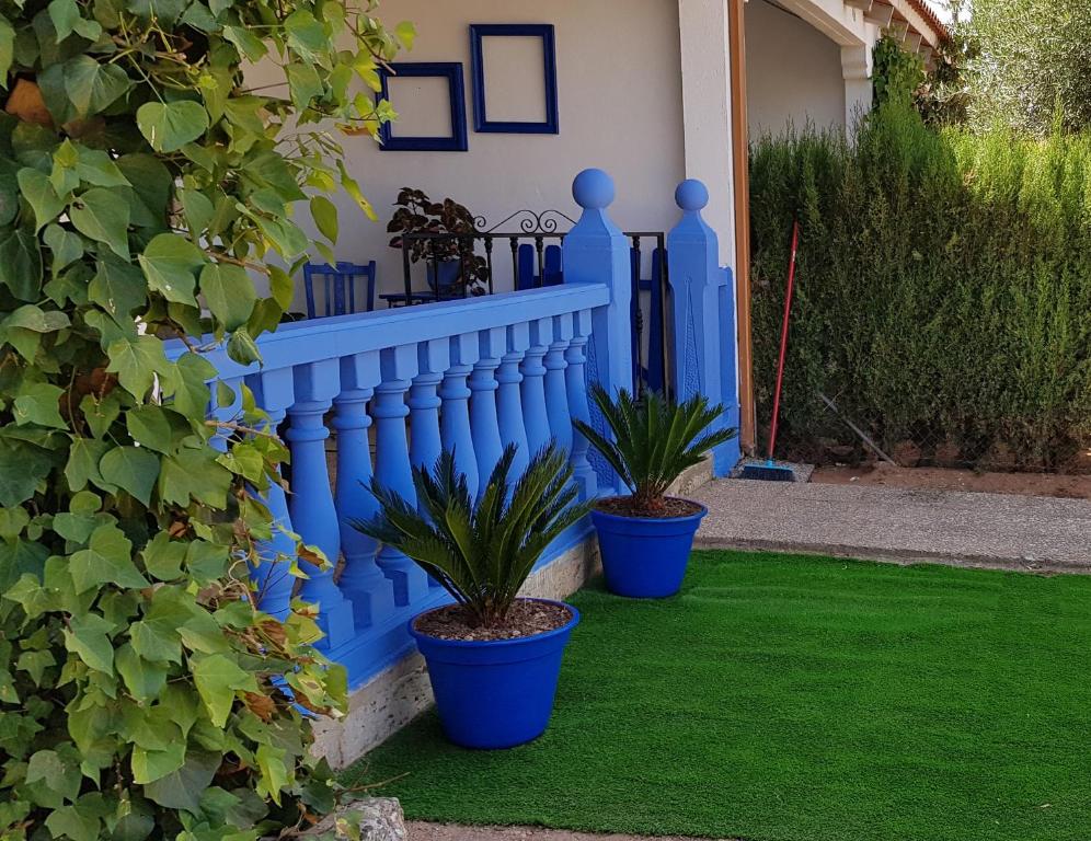 a blue fence with two potted plants on the grass at Casa Rochafrida in Ossa de Montiel