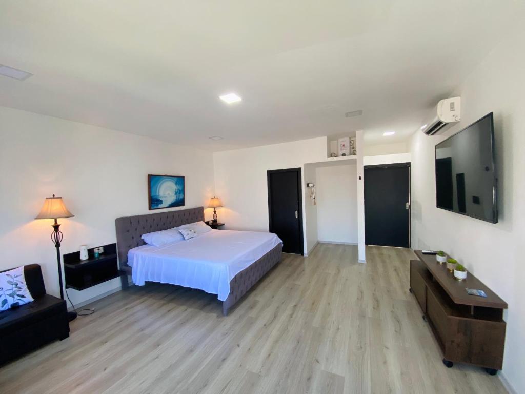 1 dormitorio con 1 cama, TV y sofá en Habitación Ejecutiva cómoda y acogedora - Centro de Manta, en Manta